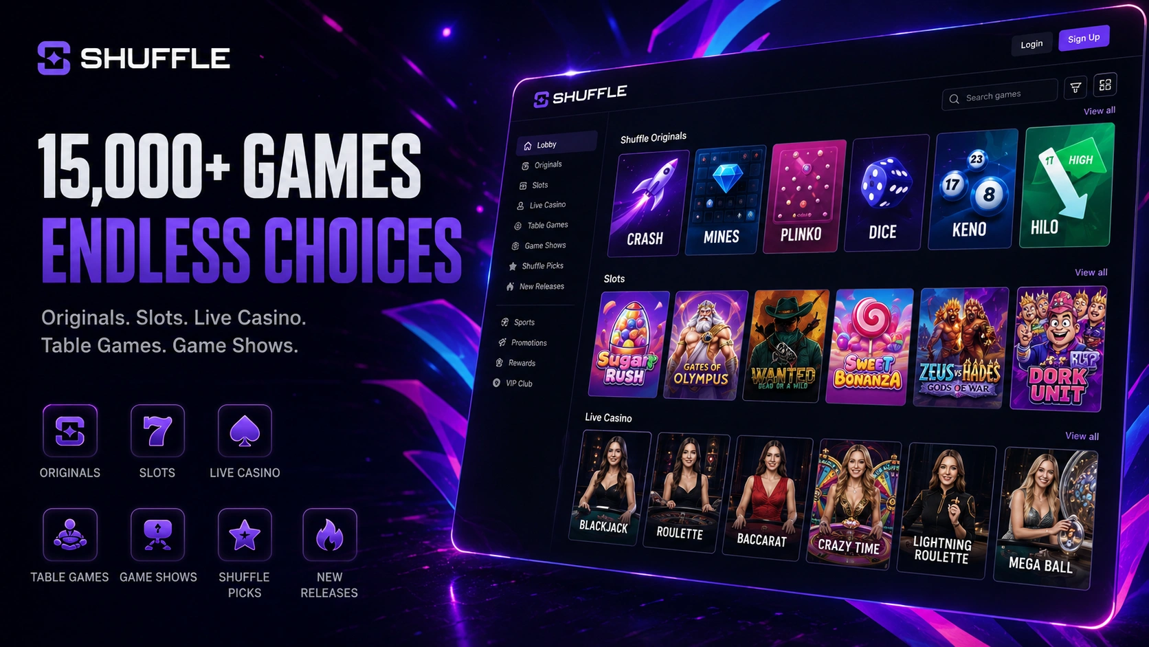 Shuffle game lobby featuring Originals, slots and live tables