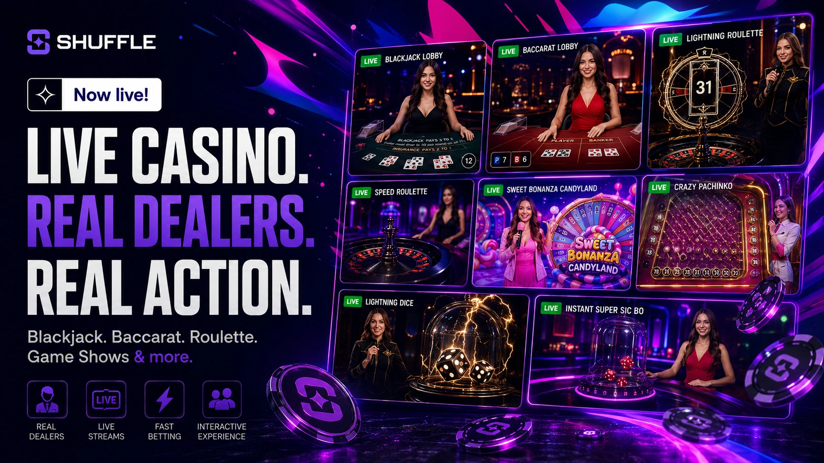 Shuffle live casino collection with dealers, roulette and game shows