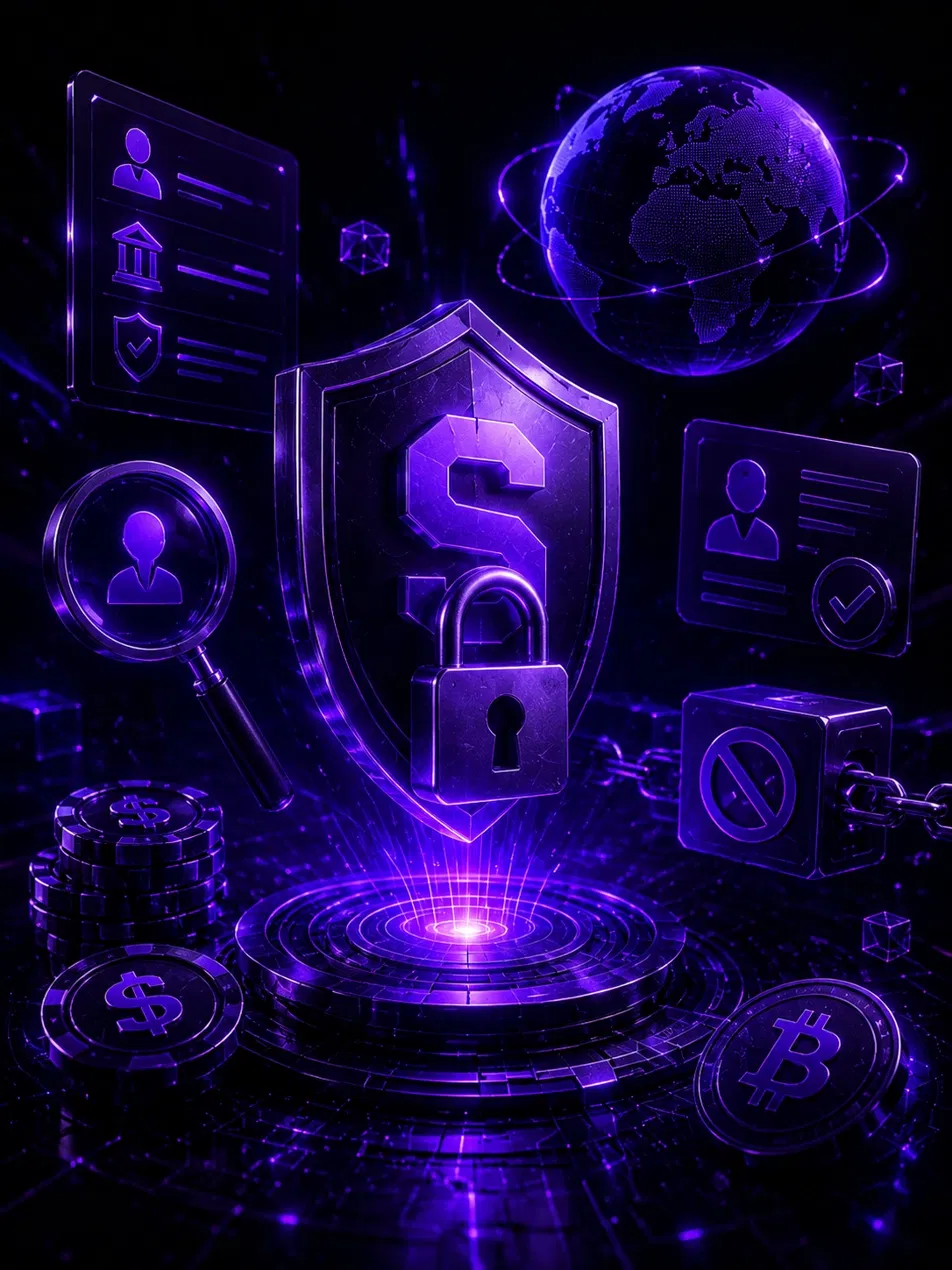 Shuffle compliance shield with KYC globe and Bitcoin