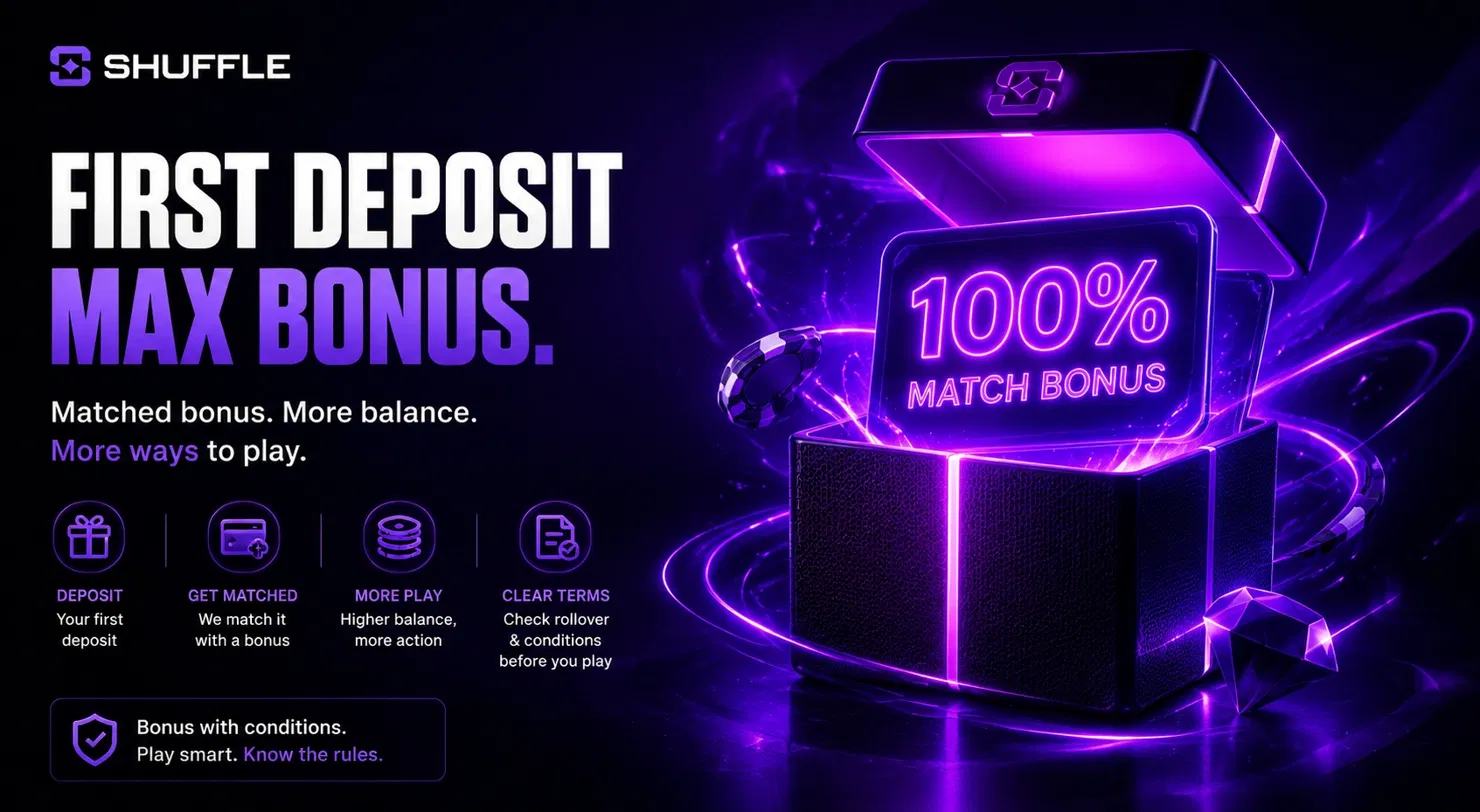 Shuffle first deposit 100% match bonus open box visual