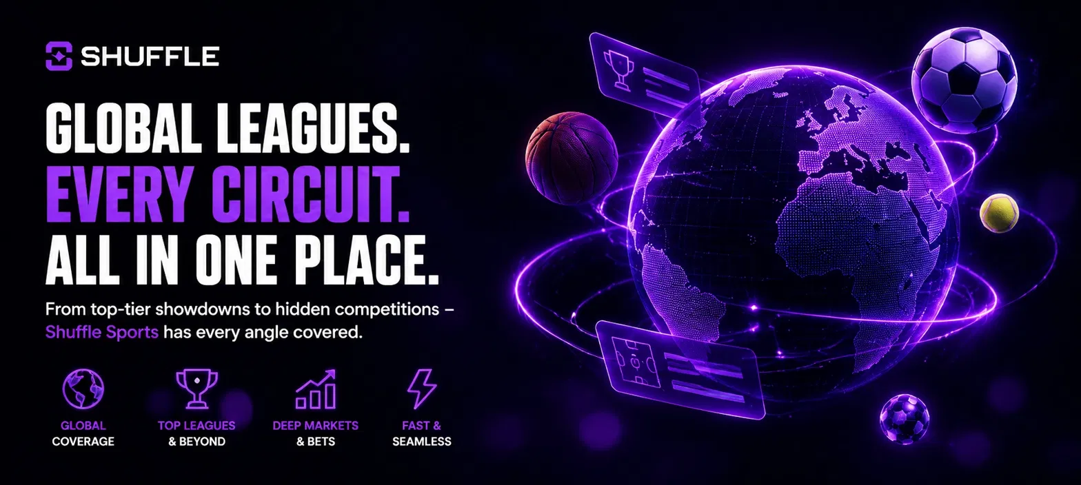Shuffle Sports global leagues on glowing purple globe
